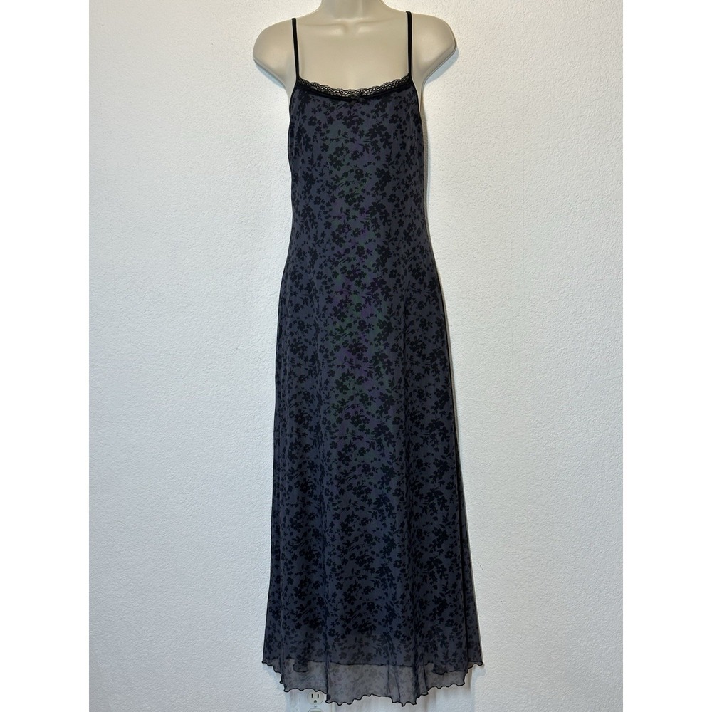Black And Gray Floral‎ Maxi Dress Lace Trim Mesh Lined Large Whimsigoth Grunge - Picture 2 of 10